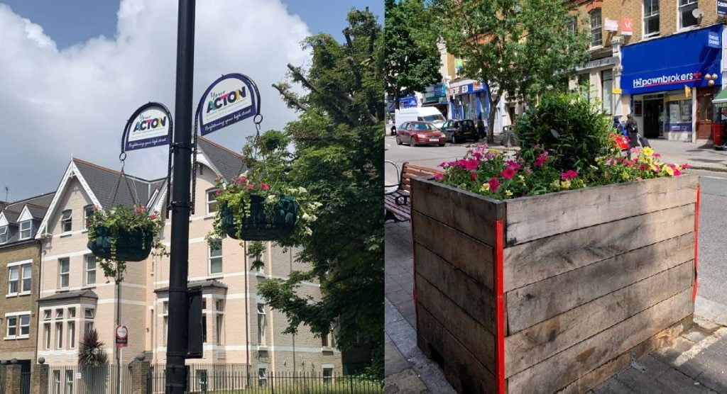 Flower baskets and flower planters on Hight Street
